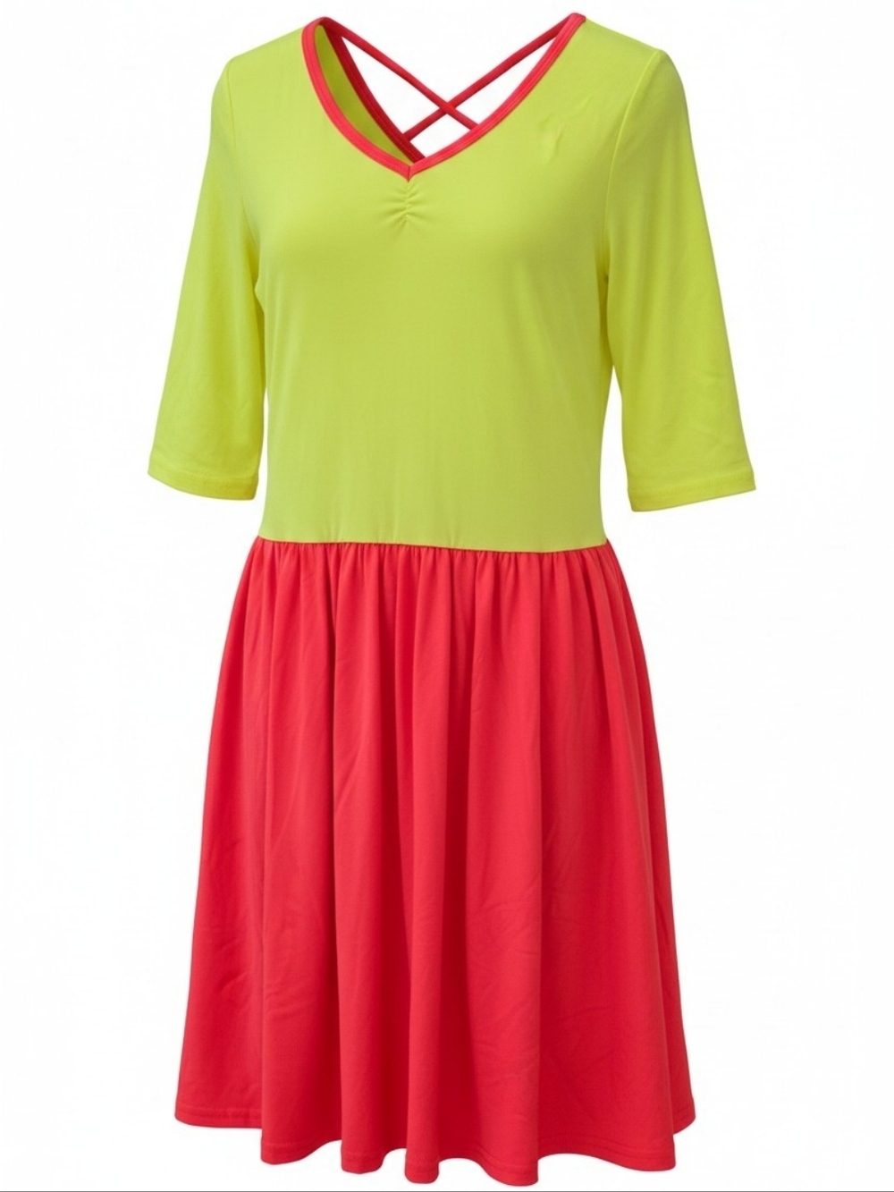 NWT! Dot Dot Smile Colorblock Fluorescent Yellow and Orange V-Neck Dress